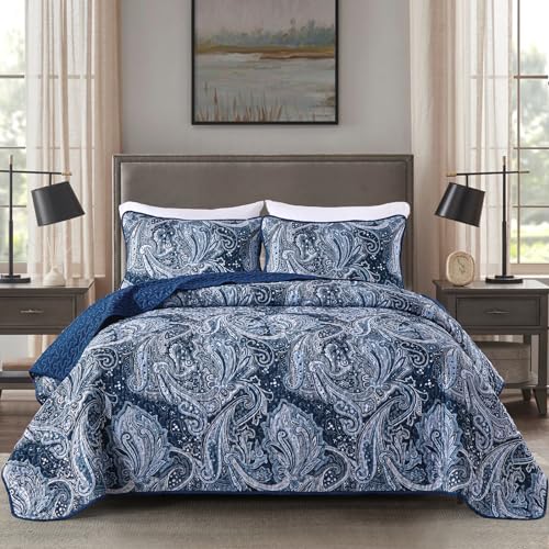 "DJY Navy Paisley Quilt Set Twin Size Boho Bedspread Coverlet Set 3 Pieces, Soft Lightweight Microfiber Navy Blue Paisley Floral Pattern Bedding for All Season, 68""x86"""
