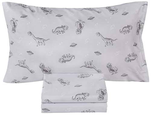 Scientific Sleep Gray Dinosaur Space Walk Universe Travel 100% Cotton 3 Pcs Twin Bed Sheet Set Kids Toddler Teen, Flat Sheet & Fitted Sheet & Pillowcase Kids Bedding Set Twin