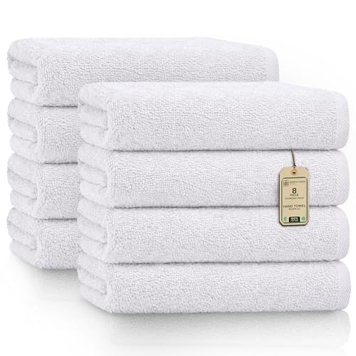GREEN MARK Hand Towels - Set of 8 ??? 100% Cotton, Soft & Absorbent, Premium Quality for Bathroom, Spa and Gym, 50 ?? 100???cm, White