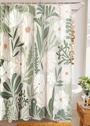 RoomTalks Cute Green Faux Linen Shower Curtain Extra Long 78 Inch - 210GSM Heavy Duty Modern Floral Matisse Spring Summer Aesthetic Botanical Shower Curtain Set with Hooks