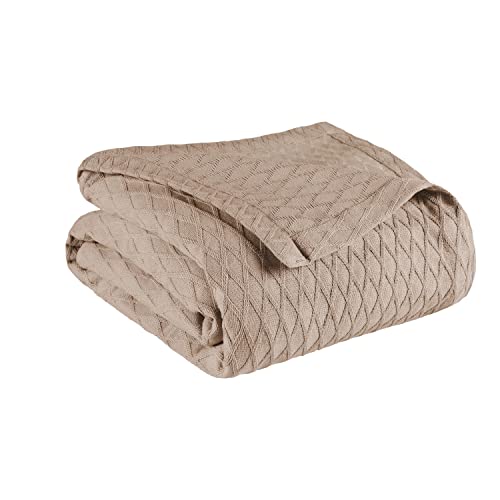 Superior Diamond Weave Blanket, 100% Cotton Cover for Home, Couch, Bed, Soft, Warm Blankets, Boho Aesthetic, Comfy, Cozy, and Cute Covers, Decorative Bedding Essentials, Full/Queen, Khaki
