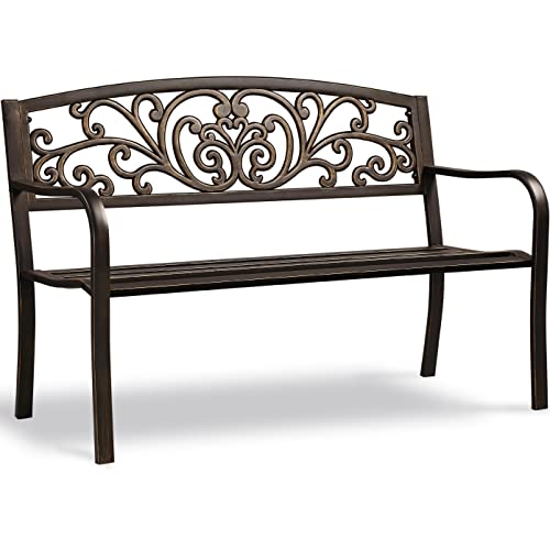 Yaheetech Outdoor Bench Garden Patio Furniture Chair, Metal Cast Iron Porch Entryway Pools Bench Outdoor Furniture Antique Style, Antique Metal Benches for Yard & Porch & Park, Bronze