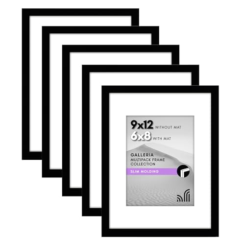 Americanflat 9x12 Picture Frame in Black - Displays 6x8 With Mat and 9x12 Without Mat - Set of 5 Frames with Sawtooth Hanging Hardware For Horizontal and Vertical Display