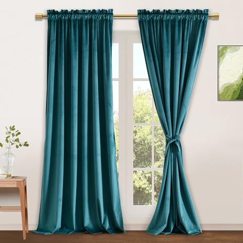 JIUZHEN Teal Velvet Curtains 90 inches for Living Room - Thermal Insulated Room Darkening Rod Pocket Thick Velvet Window Drapes for Bedroom/Dining Room, Set of 2 with Tiebacks, W70 x L90inches