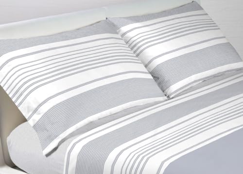 WEB LINEN Pair of 100% Cotton Pillow Cases with Side Buttons 52x82, Grey Striped Pattern