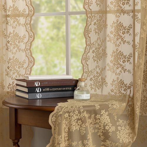 YJ YANJUN Taupe Lace Curtains 63 inches Length 2 Panels Vintage Earthy Neutral Sheer Curtains with Scalloped Edges Rod Pocket Short Crochet Lace Panles for Bedroom Dining Room W52 X L63 Light Coffee