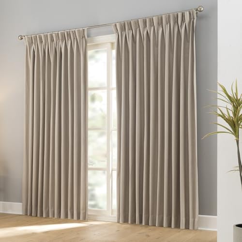 "LANTIME Sand Beige Blackout Window Curtains 96 inches Long, Double Pleated Faux Linen Textured Window Curtains, 52"" W x 96"" L, 2 Panels"