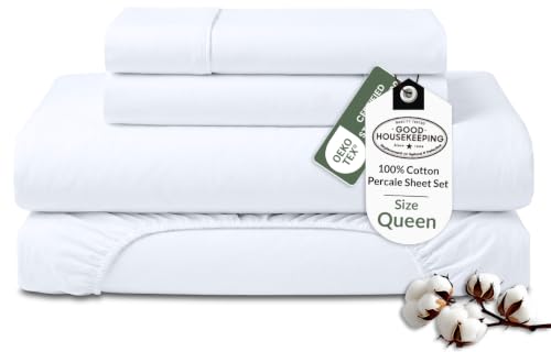ROYALE LINENS 100% Organic Cotton Queen Sheet Set - Percale Weave - 4 Pieces Set - 1 Flat, 1 Deep Pocket Fitted Sheet and 2 Pillowcases - White Bed Sheets - S??banas Queen - Crisp Cool (White)