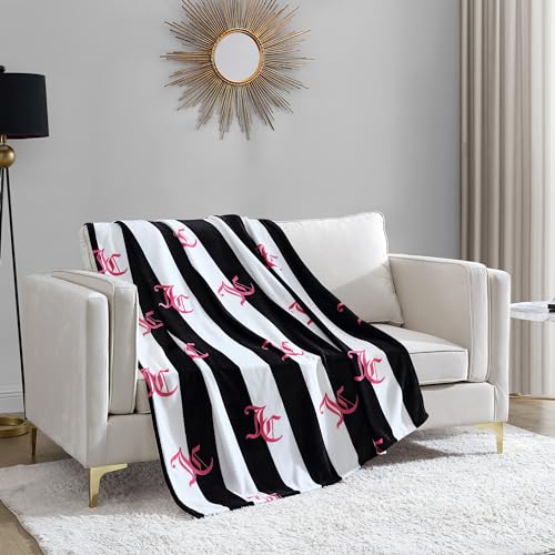 "Juicy Couture Cabana Plush Black Striped 50""X70"" Fuzzy Throw Blanket - Luxurious Microfiber Plush Blanket for Ultimate Comfort and Cozy Warmth"