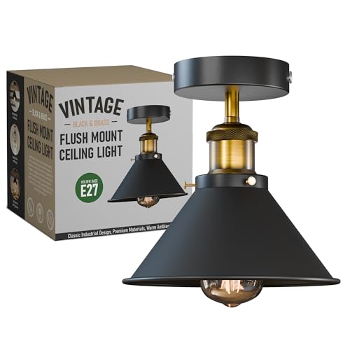 E27 Ceiling Lights Metal Flush Mount Ceiling Lamp for Living Room, Bedroom, Kitchen, Dining Room Vintage Flush Mount Lighting 18cm Brushed Brass Conical Shade Lighting Without Bulb (1Pcs Black)
