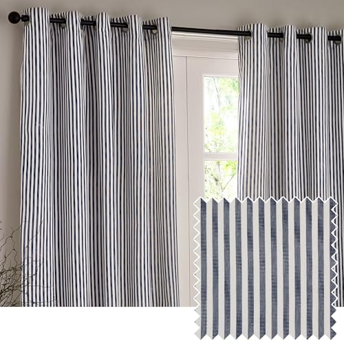 Yard furn Hebden Eyelet Curtain Pair – Ultra Soft Cotton Lined Striped Curtains (Navy - 229x137cm)