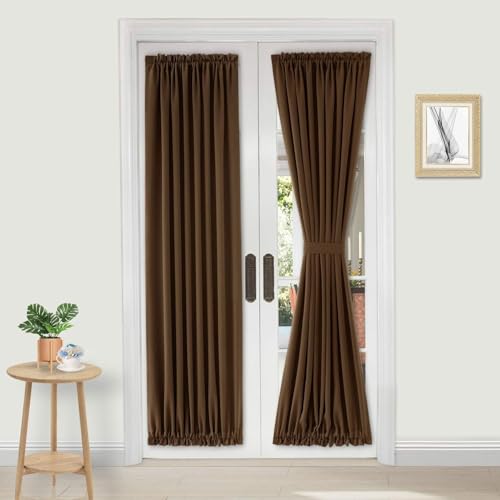 DWCN French Door Curtain - Rod Pocket Thermal Blackout Panel for Glass Window, Kitchen and Patio - Privacy, 25 X 80 Inches Long, 1 Panel With Tieback, Brown