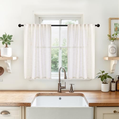 YoungsTex Natural Linen Cafe Curtains 36 Inch Length - Kitchen Window Drapes with Rod Pocket Back Tab Semi Sheer Rustic for Bathroom Small Windows, 2 Panels, 34 X 36 Inch