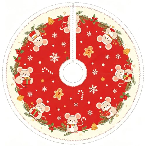 Christmas Tree Skirt Red 48 Inches Cartoon Mouse Xmas Under Tree Mat Collar Tree Skirts, Red Mouse Christmas Decorations for Home Office Indoor Outdoor Winter Holiday Party Decor