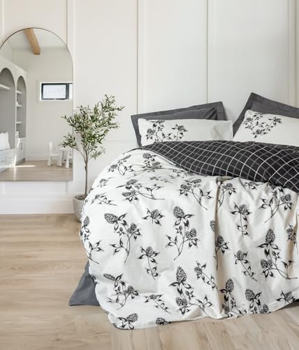 Nuit Des Rêves Ranforce Single Quilt Cover Set (135 x 200 cm), Anthracite, 100% Cotton, Pigment Printed, Machine Washable, Button Closure, Soft & Stylish Bedding
