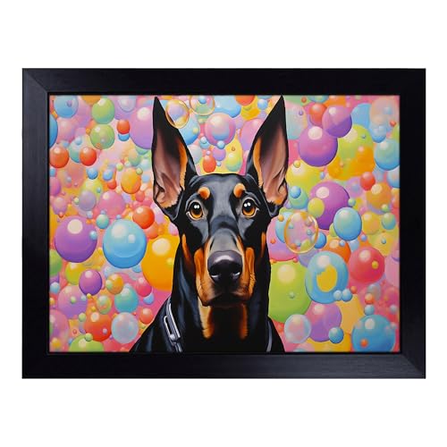 Lap Tray with Bean Bag Cushion, Doberman Bubbles - Handmade in the UK, Raised Wooden Edge, Padded Cushion, Heat-Resistant Wipe-Clean Surface, for Meals, Laptops and Crafts