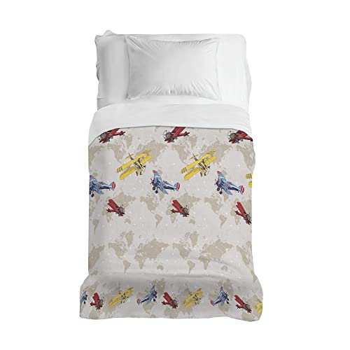 PENSIERI DELICATI Bedspread 220 x 280 cm, Single Sheet 100% Cotton Pique, Ideal as a Furniture Cover, 1 and a Half Bed Blanket, Red Airplanes, 100% Made in Italy