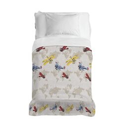 PENSIERI DELICATI Bedspread 220 x 280 cm, Single Sheet 100% Cotton Pique, Ideal as a Furniture Cover, 1 and a Half Bed Blanket, Red Airplanes, 100% Made in Italy