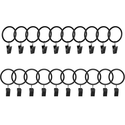 Lansian 20 Pack Curtain Rings with Clips Hooks 1.26 in Diameter Rustproof - Matte Metal Stainless Steel Drapery Rings for Tension Rod Bracket Eyelets Decorative Hanger, Fits 1 in Rods, Black