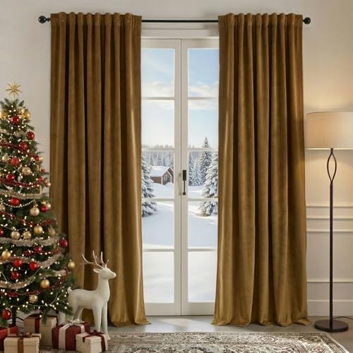 Nemia Gold Brown Velvet Curtains Thermal Insulated Blackout Curtain for Bedroom Window Living Room Darkening Luxury Vintage 90 Inches Long Heavy Drapes Panels Back Tab Set of 2