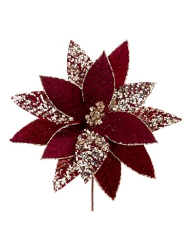 WeRChristmas Burgundy & Gold Glitter Poinsettia Flower, 32cm - 32cm burgundy and gold glitter poinsettia for Christmas trees, wreaths and festive arrangements