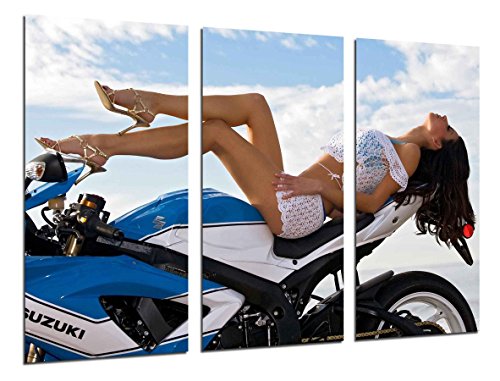 "Multi Wood Printings Art Print Box Framed Picture Wall Hanging - Motorcycle Girl Sexy, (Total Size: 38,2"" x 24,4"") - Framed and Ready to Hang - ref. 26273"