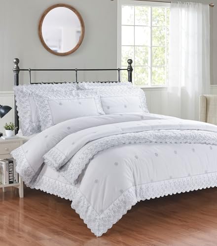 Rapport home Kingsize Bedding Set - Elegant Floral Broderie Anglaise Duvet Cover with Silver Embroidery - Luxury Gabrielle Collection - White