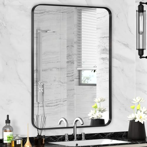 "Minuover Wall Mount Mirror for Bathroom, Brushed Black Metal Framed Rounded Corner Rectangular Vanity Mirror, Tempered Glass, Anti-Rust, Hangs Horizontally or Vertically (22"" x 30"", Black)"