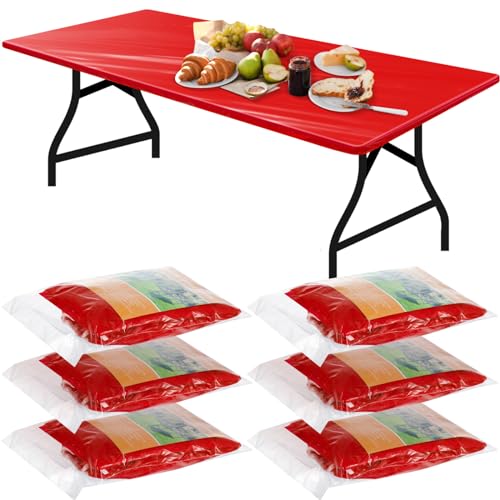 Boao 6 Pcs Disposable Plastic Tablecloth Parties Picnic Table Covers with Elastic Fitted Elastic Plastic Table Cover Rectangle Waterproof for Indoor, Outdoor, Picnic, Camping (Red,72 x 30 Inch)