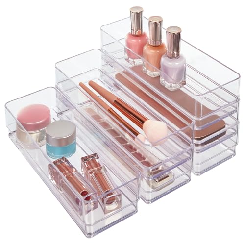 "STORi SimpleSort 6-Piece Stackable Clear Drawer Organizer Set - 9"" x 3"" x 2"" Rectangle Trays - Narrow Makeup Vanity Storage Bins and Office Desk Drawer Dividers - Made in USA"