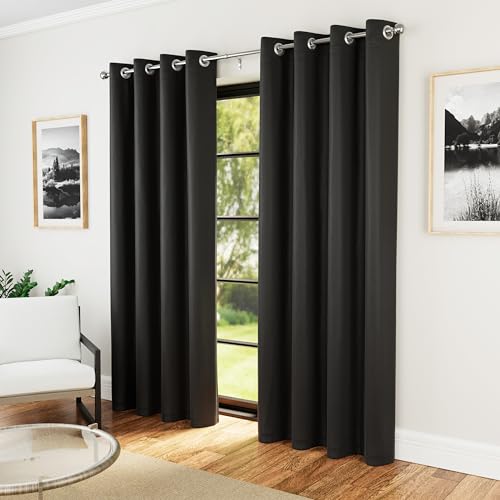 Enhanced Living Nightfall Eyelet Blackout Curtains - Thermal Black Curtains for Bedroom - 66x90 inch (168x229 cm) - 230gsm, Supersoft, Energy Saving & Noise Reducing - 2 x Curtain Panels