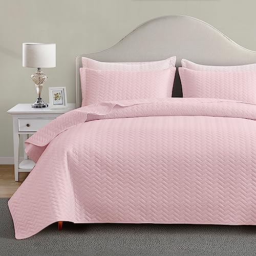 Maple&Stone Pink Quilt Set Twin/Twin XL, Extra Long Bedspread - Breathable Coverlet with Chevron Pattern, All-Season Dorm Bed Cover Set Bedding Decor 2 Piece