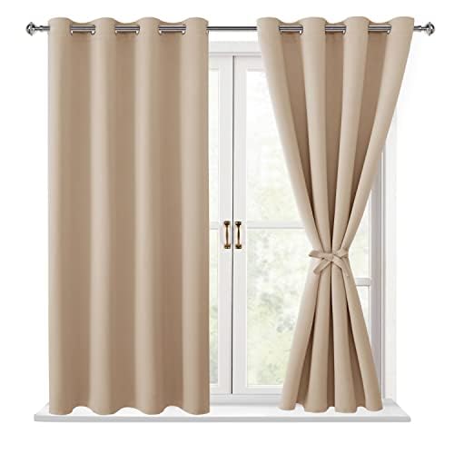 Hiasan Blackout Curtains for Bedroom, 52 x 54 Inches Long - Thermal Insulated & Energy Saving Window Curtains for Living Room, 2 Drape Panels Sewn with Tiebacks, Beige