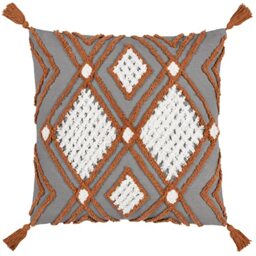 furn. Aquene Polyester Filled Cushion – Diamond Tufted Geometric Cotton Tassel Corner Pillow (Charcoal/Brick – 50x50cm)
