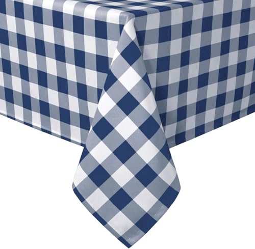 Hiasan Checkered Tablecloth Rectangle, 60 x 140 Inch - Waterproof, Wrinkle Resistant and Washable Gingham Table Cloth for Outdoor Picnic, Kitchen and Holiday Dinner, Navy Blue and White