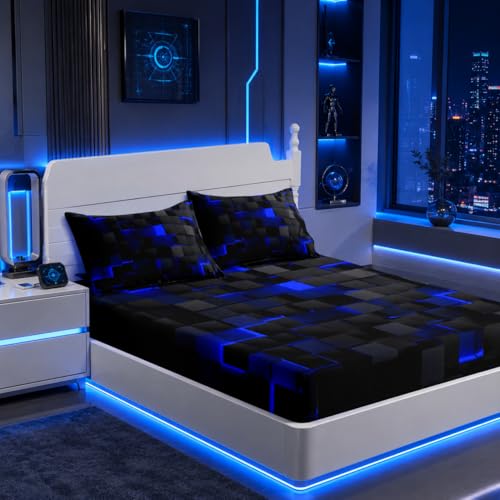 "Nttopship Soft Bedding Fitted Sheet Twin Size,Geometric Blue Black Kids Boys Girls Aldult Bed Sheets with 2 Pillowcase,Sheet with 16"" Deep Pocket,for Girls Boys Teen Bedding 3 Piece Set"
