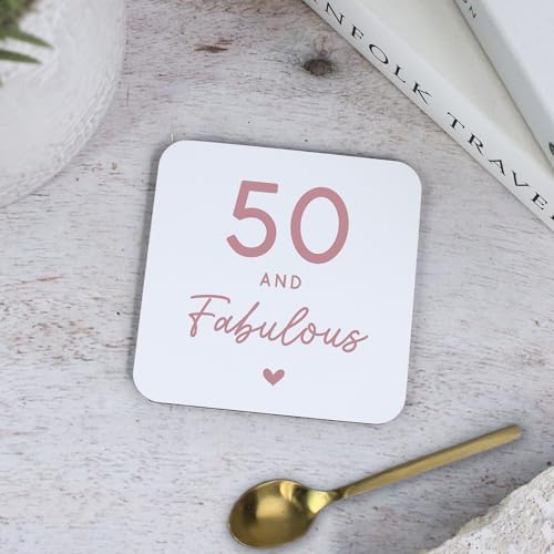 eBuyGB Printed Square Coaster, 50 & Fabulous Milestone Birthday, 50th Birthday Gift for Her, Sister, Mum, Friend, Auntie, Fiftieth Drinks Mat
