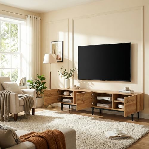 39F Furniture Dream Modern TV Cabinet with Adjustable LED Lighting, 3 Storage Cabinets, Wood-Grain & Black MDF, Minimalist Entertainment Center for Living Room, 175x31x41cm