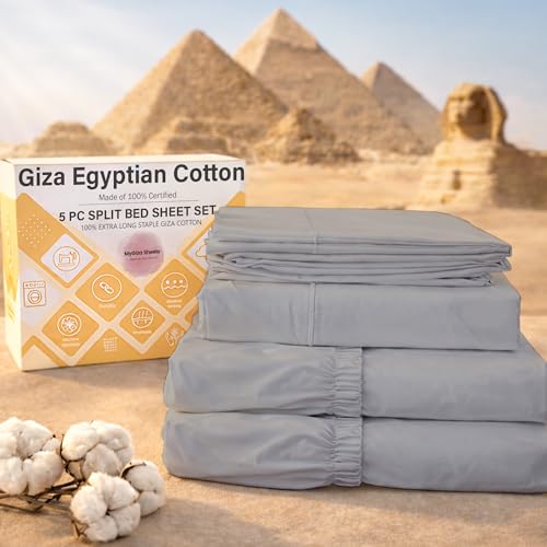 MyGiza Sheets 5 Pcs Split King Sheets Sets for Adjustable Beds, 100% Certified Giza Egyptian Cotton, Soft & Luxurious Sheets fits 16 inch Deep Pocket Mattress, Silver Grey
