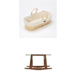 The Little Green Sheep Bundle - Knitted Moses Basket & Mattress, Linen Colour + Rocking Moses Basket Stand, Walnut Colour