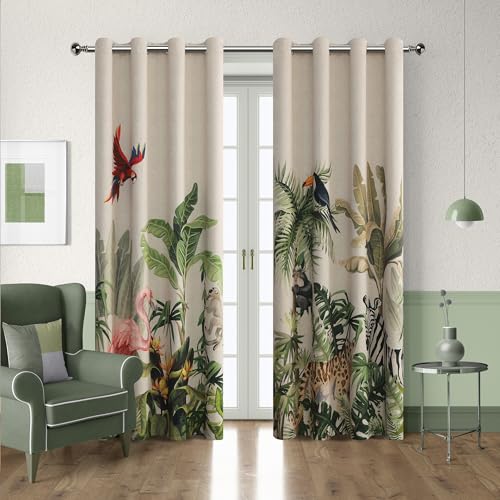 Erbnaryx 80% Blackout Curtains for Bedroom, Tropical Plant Patterned Curtains 102 Inch Length for Living Room, Vintage Art Deco Drapes, Thermal Insulated Window Curtains Grommet 2 Panels