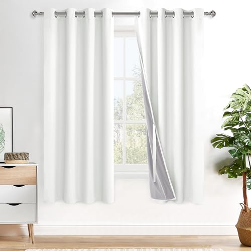 XWZO 100% Blackout Window Curtains 63 Inches Long- Thermal Insulated Black Liner Grommet Window Treatment Sewn with Tiebacks for Bedroom/Living Room/Nursery, Ivory, W52 x L63, Set of 2 Panels
