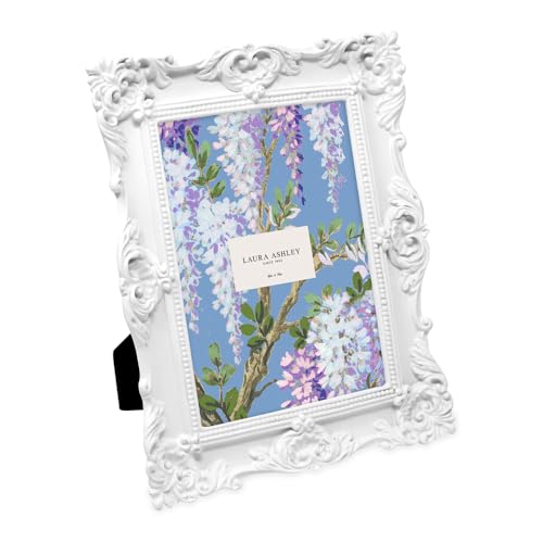 Laura Ashley - Handmade Resin Picture Frame with Easel and Hook for Table and Wall, Decorative Floral Design for Home Decor, Photo Gallery, Art and More (5x7 Inches, White)