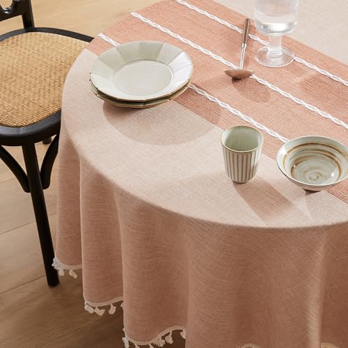 ZeeMart Contrast Linen Round Table Cloth 52 Inch Orange - Heavy Weight Linen Textured Tablecloth, Handsewn Tassels, Modern Farmhosue Table Decor, Water Resistant Burlap Table Cover