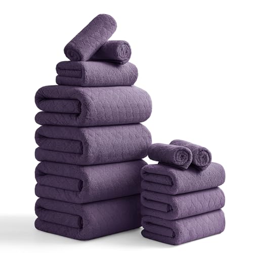 Luxury Bath Towels Set - 12 Piece (4 Large Bath Towels,4 Hand Towels,4 Washcloths), 100% Microfiber,Extra Absorbent Super Soft & Quick Dry,Complete Family Pack for Bathroom Gym Pool,Dark Purple