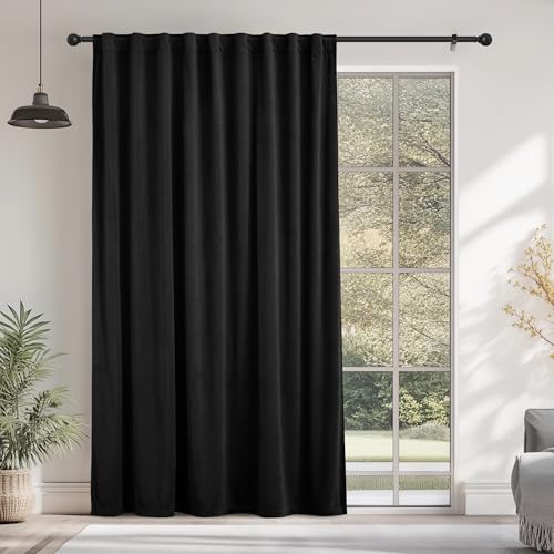 StangH Fullness Velvet Curtains 96 Inches Length, Privacy Protect Soundproof Window Panels Ideal for Large Windows/Sliding Glass Doors/Office, Black, W72 x L96 inches, 1 Panel