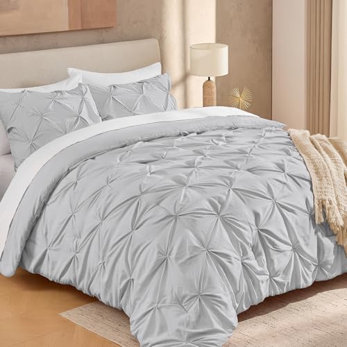 "Andency California King Pinch Pleat Light Grey 3 Piece Comforter Set - Lightweight Comforter with 2 Pillow Shams,104""x96"", Pintuck Fluffy, All Season Use, Boho Cute Style for Bedroom"