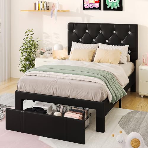VECELO Single Bed Frame with Storage, Black PU Leather Upholstered Bed with Adjustable Diamond Tufted Headboard, Large Storage Drawers, Modern Platform Bed, Noise Free, No Box Spring Needed