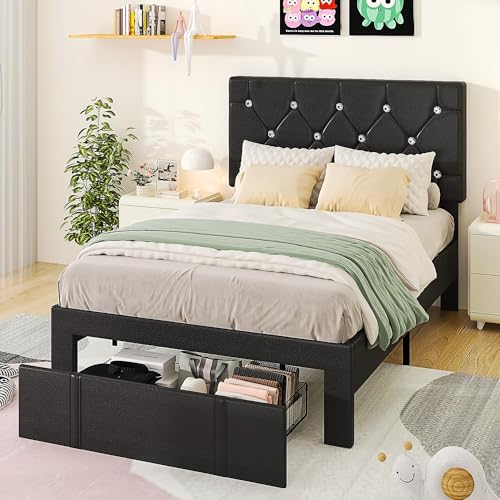VECELO Single Bed Frame with Storage, Black PU Leather Upholstered Bed with Adjustable Diamond Tufted Headboard, Large Storage Drawers, Modern Platform Bed, Noise Free, No Box Spring Needed