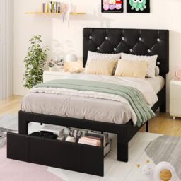 VECELO Single Bed Frame with Storage, Black PU Leather Upholstered Bed with Adjustable Diamond Tufted Headboard, Large Storage Drawers, Modern Platform Bed, Noise Free, No Box Spring Needed